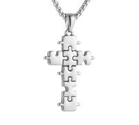 AsAlways Cross Necklace for Men Stainless Steel Novel Cross Jigsaw Puzzle Pendant Necklace Jewelry Gift, Stainless Steel, No Gemstone