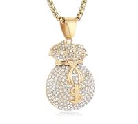 AsAlways Gold Money Bag Necklace for Men Stainless Steel Dollar Sign Iced Out Hip Hop Pendant Jewelry Gift, Stainless Steel, Cubic Zirconia