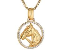 AsAlways Horse Necklace for Women Men Stainless Steel Hip Hop Gold Head of Horse Necklace West Cowboy Cowgirl Jewelry Gift (Round)