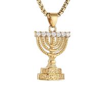 AsAlways Menorah 7 Branch Necklace Stainless Steel Gold Israel Menorah Pendant Jerusalem Temple Menorah Israel Hanukkah Jewelry Gift