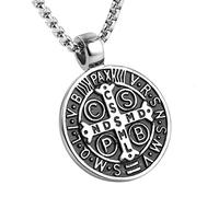 AsAlways Men's St Benedict Exorcism Pendant Necklace Stainless Steel Catholic Roman Cross Demon Protection Ghost Hunter(CSPB) 22 + 2 inch chain(Silver)