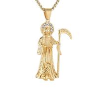 AsAlways Santa Muerte Necklace for Men Stainless Steel Gothic Grim Reaper Saint Death Sickle Skull Pendant Necklace Jewelry Gift, Stainless Steel, Cubic Zirconia