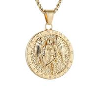 AsAlways St. Michael the Archangel Necklace for Men Stainless Steel Gold Angel Exorcism Protect Amulet Round Medal Pendant Necklace Jewelry Gift