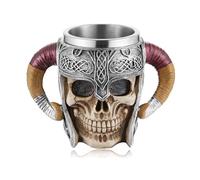 AsAlways Stainless Steel Skull Beer Mug Large Viking Drinking Cup Gothic Beer Stein with Double Handles Novelty Drinkware Halloween Accessory 600ML/20OZ