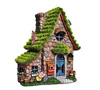ASAWASA Resin Fairy House Statues with Solar Powered Lights, Funny Garden Sculptures with Flocked and Cobblestone Decor, Exquisite Garden Cottage Figurines