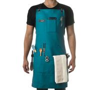Asaya Chef and BBQ Apron with Bottle Opener and Hand Towel - 10oz Cotton Canvas, Stainless Steel Hardware - Cross Back Straps, Blue-green, [VARIABLE]