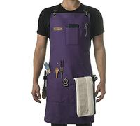 Asaya Chef and BBQ Apron with Bottle Opener and Hand Towel - 10oz Cotton Canvas, Stainless Steel Hardware - Cross Back Straps, Purple, 27 inches wide x 34 inches tall