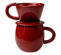 Asayu Japan Ceramic Coffee Pour Over Maker Drippe and Mug Set in Chrome Red, Slow Brewing Paper Filter Holder with 3 Holes for Hot Coffee and Tea - Complete 2PCS Set Made In Japan