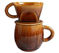 Asayu Japan Ceramic Coffee Pour Over Maker Dripper And Mug Set in Caramel, Slow Brewing Paper Filter Holder with 3 Holes for Hot Coffee and Tea - Complete 2PCS Set Made In Japan