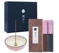 Asayu Japan Gift Set with Traditional Incense and Ceramic Incense Holder with Brass Stand - Sakura Cherry Blossom Incense Stick Set + Pastel Pink Lotus Holder