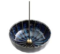 Asayu Japan Lotus Incense Holder for Sticks 4.1 inch (105 mm), Traditional Made in Japan Ceramic Ash Catcher and Brass Incense Burner Set - Navy Dark Blue Lotus log burner accessories