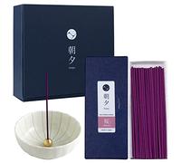 Asayu Japan Low Smoke Incense Gift Set with Incense Holder and Brass Stand, Agarwood Incense Sticks with Zen Ceramic Incense Holder, Made in Japan (Sakura + White Lotus Holder)