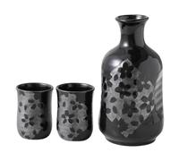 Asayu Japan Sake Set - Black Ceramic Tokkuri Bottle with 2 Cups, Sakura Cherry Blossom Design, Made in Japan Traditional Pottery