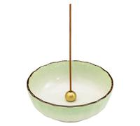 Asayu Japanese Lotus Incense Holder for Sticks 4.1 inch (105mm), Traditional Made in Japan Ceramic Ash Catcher and Brass Incense Burner Set - Green