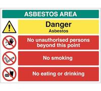 ASBESTOS AREA Danger Asbestos No unauthorised persons beyond this point No smoking No eating or drinking (semi rigid pvc safety sign)