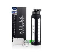 Asbirg Glass Protein Shaker Bottle 1000ml - Leakproof & BPA-Free - Borosilicate Glass Gym Shaker with Spiral Mixing Ball for Smooth Protein Shakes, Smoothies, Meal Replacement & Fitness - Black