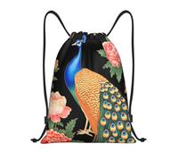 asbwuo Beautiful Peacock And Peony Flower Drawstring Backpack Lightweight Sports Gym Bag With Adjustable Shoulder Straps For Fitness Yoga Travel Soccer Volleyball Medium
