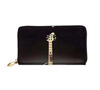 asbwuo Black Guitar Print Leather Wallet for Men, Slim Bifold with Full-Print Design, Secure Zipper Closure, RFID Blocking