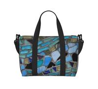 asbwuo Blue Sea Glass Mosaic Light Foldable Travel Tote Bag For Women With Adjustable Strap Large Capacity Lightweight Waterproof Tote For Outdoor Sports