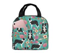asbwuo Border Collie Florals Insulated Lunch Bag, Reusable Thermal Tote for Women, Men, Work, Picnic, and Office