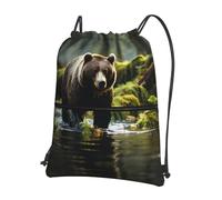 asbwuo brown bear pounce Printed floral pocket gym bag zippered drawstring backpack suitable for travel