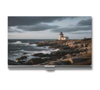 asbwuo Business Card Holder for Men Women Coast and Lighthouse Pocket Business Card Case Metal Business Card Wallet Name Card Holder Buckle Style Shut Aluminum