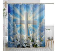 asbwuo Christian Cross Shower Curtain, Sky Blue with White Lilies Bath Curtain for Easter Decor, Spring Inspirational Modern Style Bathroom Accessories Set with Hooks 60x72 Inch