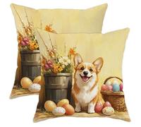 asbwuo Corgi Easter Pillow Covers Set of 2, Cute Dog Spring Decoration Throw Cushion Cases, Colorful Eggs Floral Farmhouse Decor for Home Sofa Bed Couch 18x18 Inch