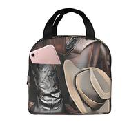 asbwuo Cowboy Black Hat Western Boots Lunch Bag for Women Men, Stylish Large Insulated Lunch Tote Bags, Reusable Lunch Box for Work, Picnic, Hiking, 8.5" L x 5" W x 8" H