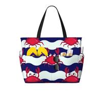 asbwuo Crab On The Waves Large Beach Tote Bag For Women With Zipper & Wet Pocket, Lightweight Foldable Gym Tote For Travel, Grocery, Swim, Sports