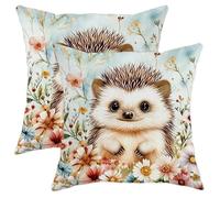 asbwuo Cute Hedgehog Throw Pillow Covers Set of 2, Floral Design Decorative Cushion Cases, Spring Farmhouse Style for Sofa Bed Couch Decor 16x16 Inch