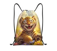 asbwuo Cute Tiger Cub In Floral Field Drawstring Backpack Lightweight Sports Gym Bag With Adjustable Shoulder Straps For Fitness Yoga Travel Soccer Volleyball Medium