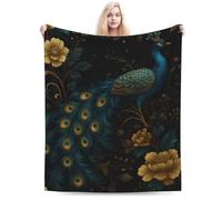 asbwuo Elegant Peacock and Retro Flower Blanket Plush Fuzzy Soft Flannel Throw Warm and Cozy 40"x30"