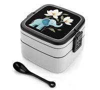 asbwuo Elephant Magnol Flowers Stackable Bento Box for Adults Double Layer Lunch Boxes Set with Spoon and Invisible Handle