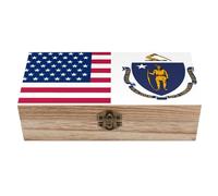 asbwuo Flag of U.S.A And Massachusetts Wooden Decorative Boxes with Hinged Lid Keepsake Treasure Chest Box Jewelry Craft Organizer
