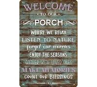 asbwuo Funny Welcome To Our Porch Sign,Retro Metal Tin Signs Birthday Gift for Men Women Vintage Farmhouse Signs Outdoor Wall Decor 8x12 Inch