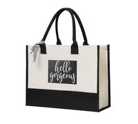 asbwuo Hello Gorgeous White Script Durable Cotton Blend Canvas Tote Bag, Spacious Reusable Gift Bag for Travel, Beach & Shopping