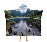 asbwuo Hooded Blanket Poncho, Nature Women Men Hooded Blanket, Mountains River and Open Natural Beauties, Soft Warm Cozy, 60 x 80inches, for Kids Adults Travel Throw Blankets, White Green Brown