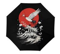 asbwuo Japanese Crane Waves Portable Folding Umbrella Compact Travel Windproof Tri-fold Umbrellas