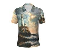 asbwuo Lighthouse Backdrop Print Men's Shirts Golf Short Sleeve Shirts Casual Collared T-Shirt for Everyday Formal