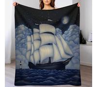 asbwuo Lighthouse Starry Moon Sea Throw Blanket, Soft Lightweight Cozy Warm Retro Ship Clouds Flannel Blankets for Couch Bed Travel, 40"x50"