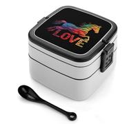 asbwuo Love Horses Rainbow Horse Silhouette Stackable Bento Box for Adults Double Layer Lunch Boxes Set with Spoon and Invisible Handle