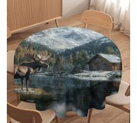 asbwuo Moose Animal Mountain Round Tablecloth, Washable Cabin River Table Cover for Kitchen Dining Outdoor Holiday Decor, 70 Inch
