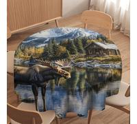 asbwuo Moose Cabin Round Tablecloth, Washable Snow Mountain Animal Table Cover for Kitchen Dining Outdoor Holiday Decor, 50 Inch