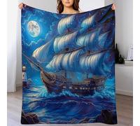asbwuo Mystical Moon Starry Sailboat Throw Blanket, Soft Lightweight Cozy Warm Lighthouse Sea Flannel Blankets for Couch Bed Travel, 30"x40"
