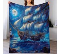 asbwuo Mystical Moon Starry Sailboat Throw Blanket, Soft Lightweight Cozy Warm Lighthouse Sea Flannel Blankets for Couch Bed Travel, 40"x50"