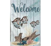 asbwuo Nautical Seashell Summer Welcome Beach Metal Sign Retro Wall Decor for Home Cafes Office Store Pubs Club Sign Gift Plaque Metal Tin 12x8 Inch