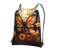 asbwuo orange yellow butterfly field flowers Printed drawstring sports backpack zippered drawstring backpack suitable for hiking and fitness