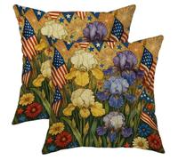 asbwuo Patriotic Floral Throw Pillow Covers Set of 2, Vintage American Flag Iris Flower Decorative Square Cushions for Summer Celebration Outdoor Patio Sofa 22x22 Inch
