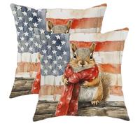 asbwuo Patriotic Squirrel Throw Pillow Covers Set of 2, Red White Blue American Flag Decorative Square Cushion Cases, Rustic Farmhouse Decor for Independence Day Holiday Sofa Couch 16x16 Inch